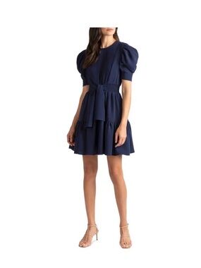 Shoshanna Navy Puff-Sleeve Tie-Waist Mini Dress